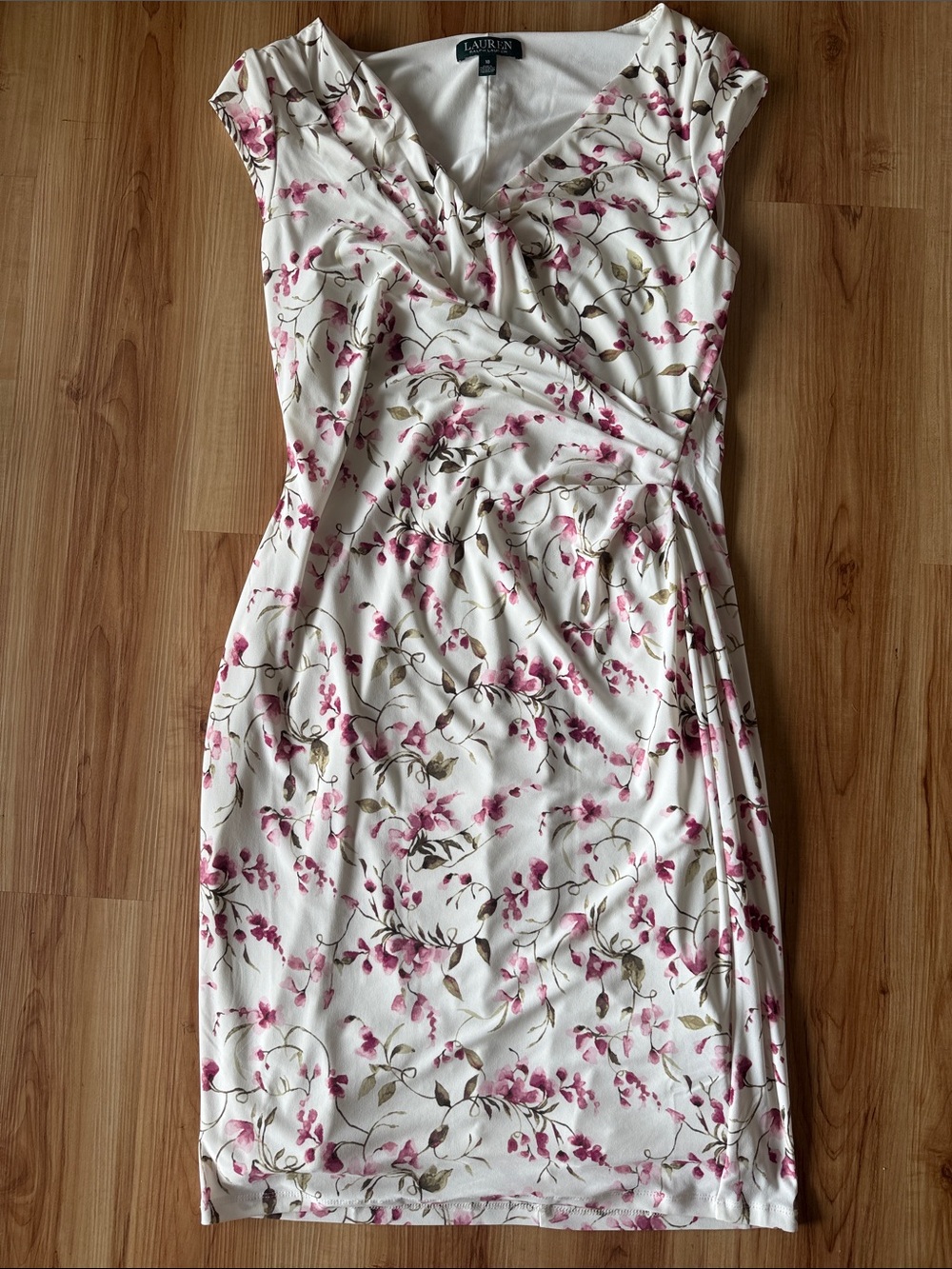 Lauren Ralph Lauren Cream Floral Wrap-Style Midi Dress with Pink Blossoms